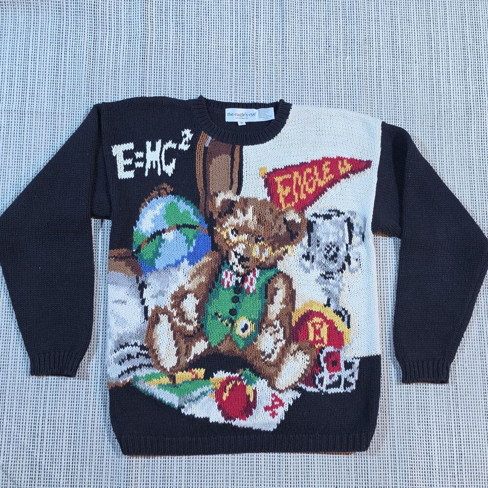 Vintage The Eagle’s Eye Sweater Teddy Bear Math Formula Collegiate Teacher M 90s